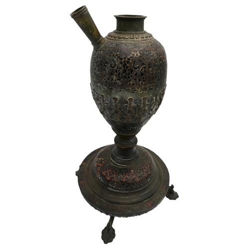 396 - PERSIAN BRONZE AND ENAMEL HOOKAH19TH CENTURYof baluster form, raised on a circular base with four sc... 