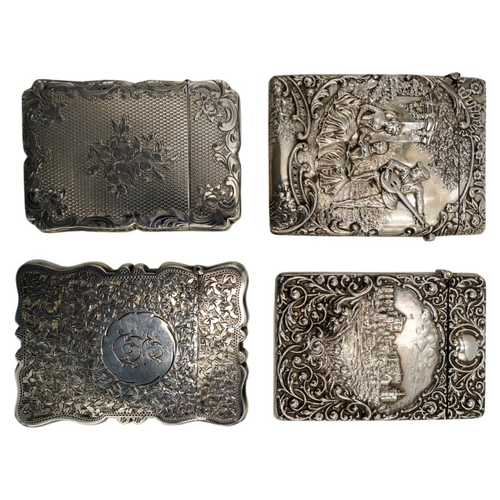 471 - FOUR SILVER CARD CASESLATE 19TH / EARLY 20TH CENTURYone embossed with a castle view, one a courting ... 