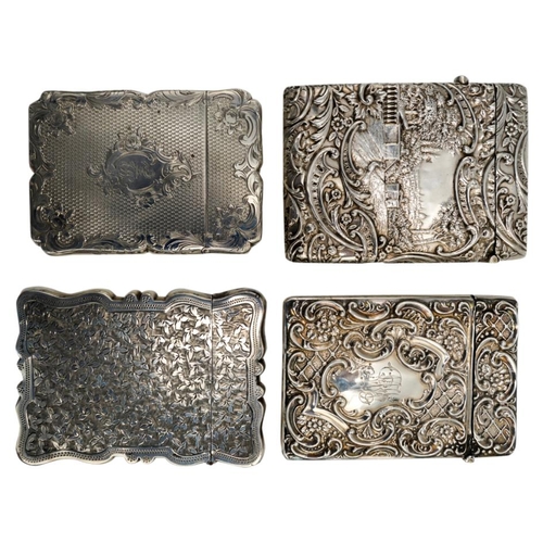 471 - FOUR SILVER CARD CASESLATE 19TH / EARLY 20TH CENTURYone embossed with a castle view, one a courting ... 