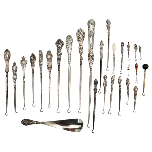 472 - COLLECTION OF NINETEEN SILVER & SILVER PLATED BUTTON HOOKS MOSTLY LATE 19TH CENTURYtogether with... 