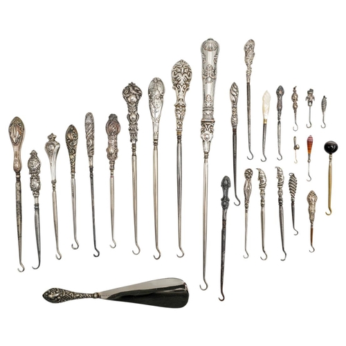 472 - COLLECTION OF NINETEEN SILVER & SILVER PLATED BUTTON HOOKS MOSTLY LATE 19TH CENTURYtogether with... 