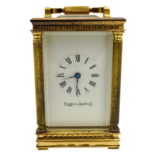 115 - SMALL MAPPIN & WEBB BRASS CARRIAGE CLOCK20TH CENTURYthe white dial with Roman numerals and inscr... 