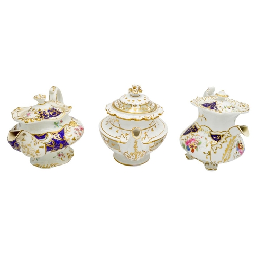 182 - THREE VICTORIAN PORCELAIN TEAPOTS19TH CENTURYeach painted with brightly coloured floral bouquets, en... 