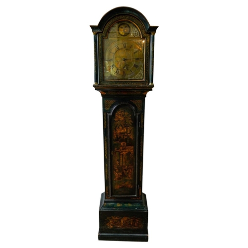 116 - GEORGE III GREEN JAPANNED LONGCASE CLOCK18TH CENTURYthe arched dial brass dial with Roman numerals a... 