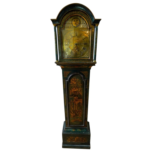 116 - GEORGE III GREEN JAPANNED LONGCASE CLOCK18TH CENTURYthe arched dial brass dial with Roman numerals a... 