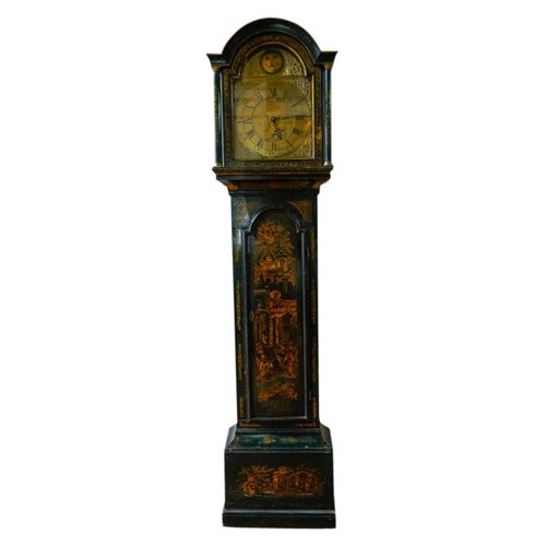 116 - GEORGE III GREEN JAPANNED LONGCASE CLOCK18TH CENTURYthe arched dial brass dial with Roman numerals a... 