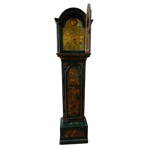 116 - GEORGE III GREEN JAPANNED LONGCASE CLOCK18TH CENTURYthe arched dial brass dial with Roman numerals a... 