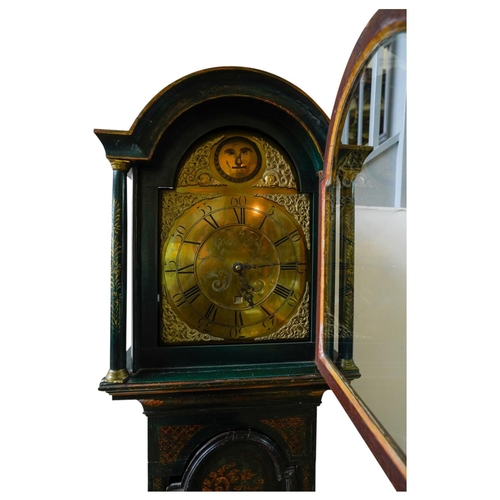 116 - GEORGE III GREEN JAPANNED LONGCASE CLOCK18TH CENTURYthe arched dial brass dial with Roman numerals a... 