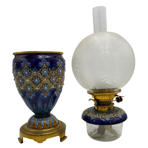 99 - DOULTON LAMBETH OIL LAMPCIRCA 1900raised on a gilt metal base63cm high (including chimney) PROVENANC... 