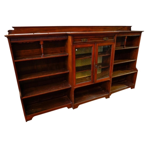 51 - VICTORIAN WALNUT BREAKFRONT LIBRARY BOOKCASECIRCA 1880the shaped top above one central frieze drawer... 