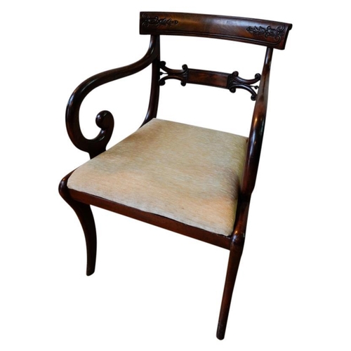 64 - PAIR OF REGENCY MAHOGANY ARMCHAIRSCIRCA 1815the bar backs with downswept scroll arms above Trafalgar... 