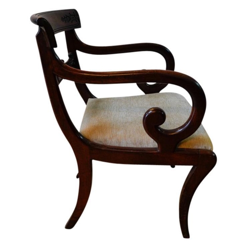 64 - PAIR OF REGENCY MAHOGANY ARMCHAIRSCIRCA 1815the bar backs with downswept scroll arms above Trafalgar... 