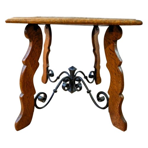 73 - SPANISH OAK, WROUGHT IRON AND TILE INLAID LOW TABLE19TH CENTURYthe rectangular top inset with twelve... 