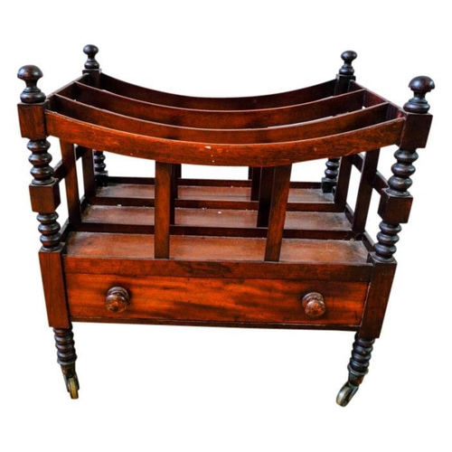 75 - GEORGE IV MAHOGANY THREE DIVISION CANTERBURYCIRCA 1830with one apron drawer, raised on bobbin turned... 