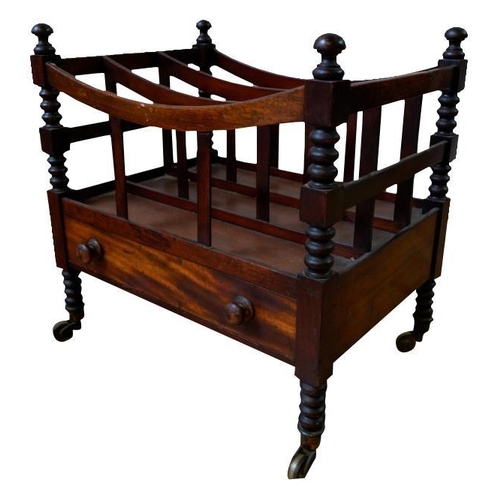 75 - GEORGE IV MAHOGANY THREE DIVISION CANTERBURYCIRCA 1830with one apron drawer, raised on bobbin turned... 