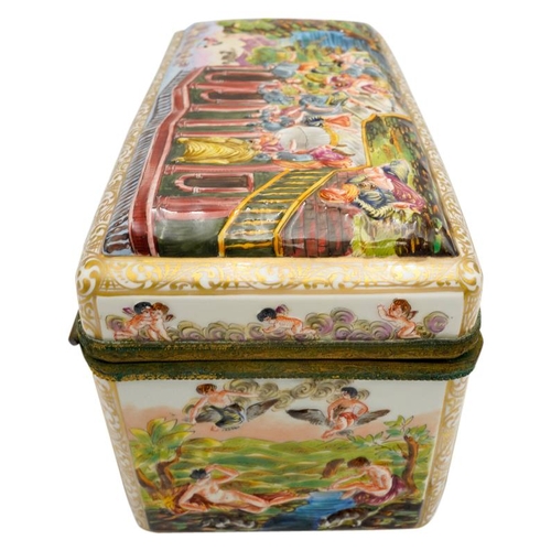 195 - LARGE CAPODIMONTE PORCELAIN CASKET20TH CENTURYthe sides decorated in relief with hunting an allegori... 