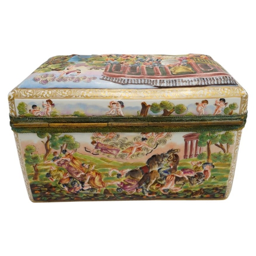 195 - LARGE CAPODIMONTE PORCELAIN CASKET20TH CENTURYthe sides decorated in relief with hunting an allegori... 