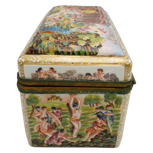 195 - LARGE CAPODIMONTE PORCELAIN CASKET20TH CENTURYthe sides decorated in relief with hunting an allegori... 