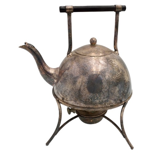 508 - ARTS AND CRAFTS SILVER PLATED KETTLE ON STAND AFTER A DESIGN BY CHRISTOPHER DRESSER CIRCA 1900of dom... 