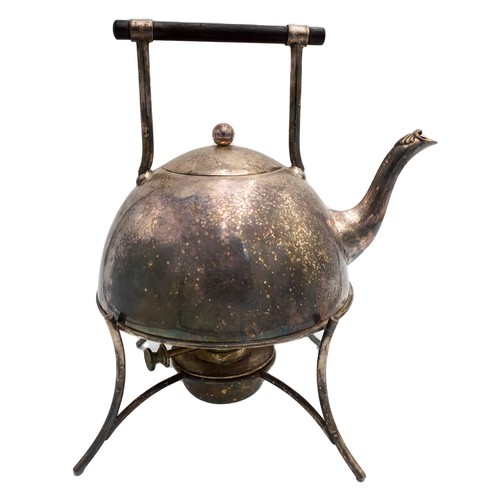 508 - ARTS AND CRAFTS SILVER PLATED KETTLE ON STAND AFTER A DESIGN BY CHRISTOPHER DRESSER CIRCA 1900of dom... 