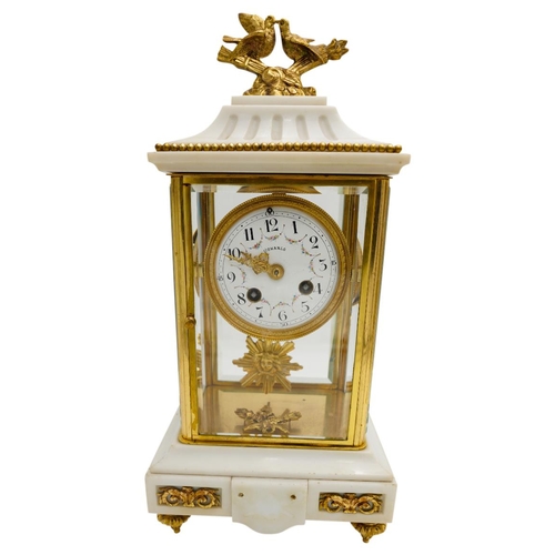 120 - LOUIS XVI STYLE MARBLE AND GILT-BRONZE MOUNTED CLOCK GARNITURECIRCA 1900the four glass clock with a ... 