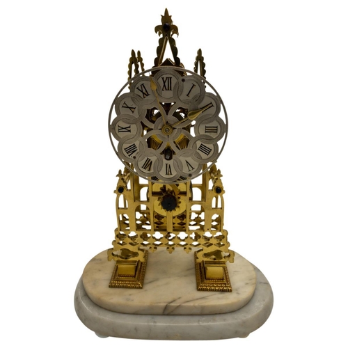 121 - VICTORIAN BRASS SKELETON CLOCKLATE 19TH CENTURYof 'cathedral' form, the open silvered dial with engr... 