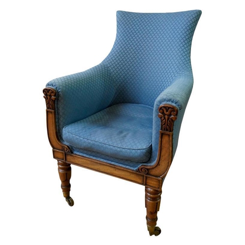 82 - A PAIR OF REGENCY MAHOGANY AND UPHOLSTERED LIBRARY CHAIRSCIRCA 1820covered in patterned blue fabric,... 