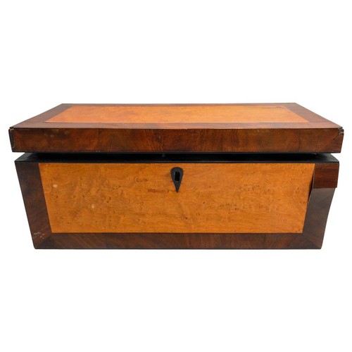 439 - A VICTORIAN BIRCH AND MAHOGANY TEA CADDY, of long rectangular for with three division interior and a... 