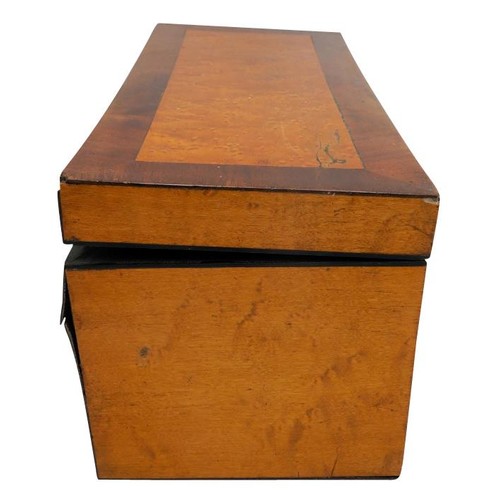 439 - A VICTORIAN BIRCH AND MAHOGANY TEA CADDY, of long rectangular for with three division interior and a... 