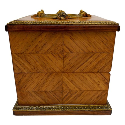 441 - A FRENCH PARQUETRY BOX, the lid mounted with a floral porcelain plaque in the manner of Sevres, with... 