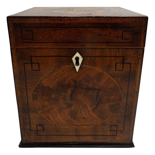 444 - AN EARLY 19TH CENTURY MAHOGANY DECANTER BOX, with ebony and line inlaid panels fielded with roundels... 