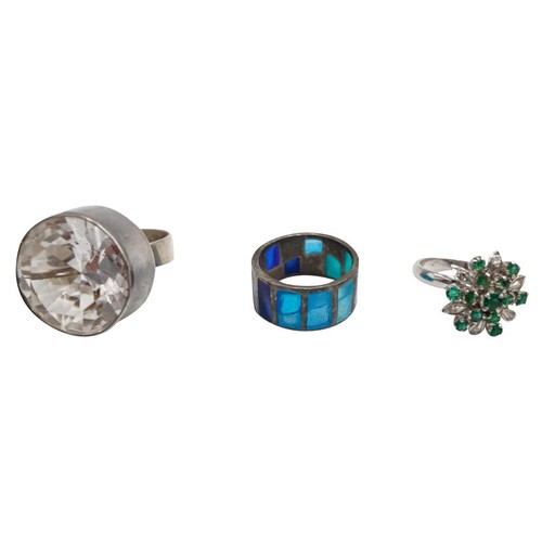 453 - A SILVER AND ROCK CRYSTAL RING, marked FROM 925S, a white metal and enamelled 'modernist' plique-a-j... 