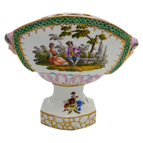 201 - DRESDEN PORCELAIN POSY VASE LATE 19TH CENTURYthe sides painted with romantic scenes of courting coup... 