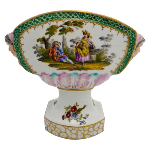 201 - DRESDEN PORCELAIN POSY VASE LATE 19TH CENTURYthe sides painted with romantic scenes of courting coup... 