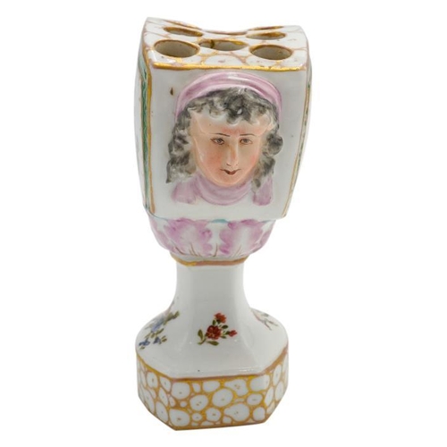 201 - DRESDEN PORCELAIN POSY VASE LATE 19TH CENTURYthe sides painted with romantic scenes of courting coup... 