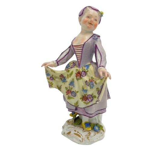 203 - A SMALL MID 18TH CENTURY MEISSEN FIGURE OF A GIRL DANCINGCIRCA 1765shown wearing a purple bonnet and... 