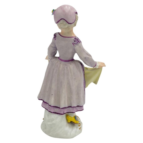 203 - A SMALL MID 18TH CENTURY MEISSEN FIGURE OF A GIRL DANCINGCIRCA 1765shown wearing a purple bonnet and... 