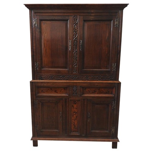 85 - CARVED OAK AND INLAID PRESS CUPBOARD18TH CENTURY WITH RESTORATIONSthe moulded cornice above a pair o... 