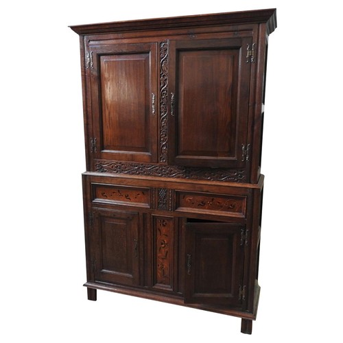 85 - CARVED OAK AND INLAID PRESS CUPBOARD18TH CENTURY WITH RESTORATIONSthe moulded cornice above a pair o... 