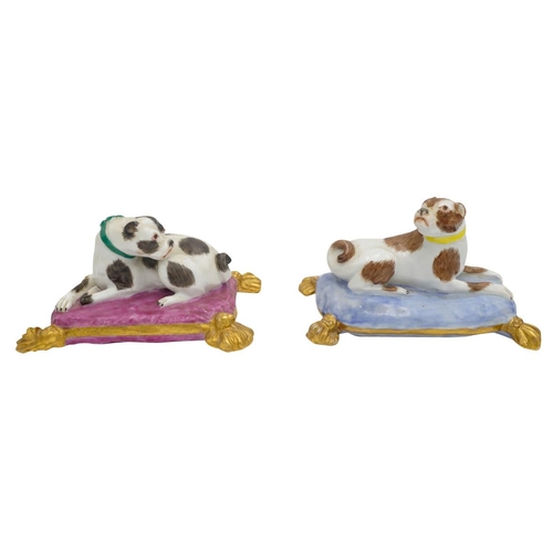 208 - TWO CONTINENTAL FIGURES OF PUGS 19TH CENTURYafter models by Joeach shown recumbent on plush tasselle... 