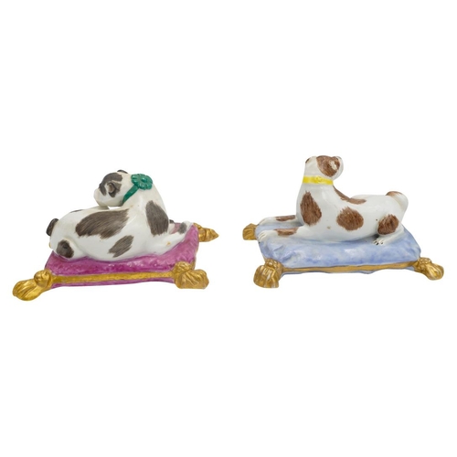 208 - TWO CONTINENTAL FIGURES OF PUGS 19TH CENTURYafter models by Joeach shown recumbent on plush tasselle... 