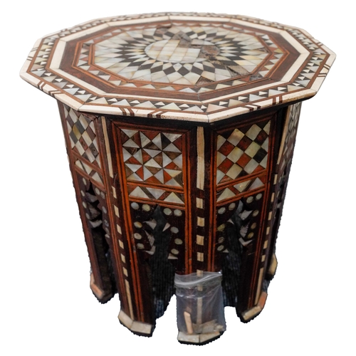 94 - A PERSIAN HEXAGONAL TABLE, CIRCA 1900, inlaid  with bone and mother of pearl and various woods, the ... 