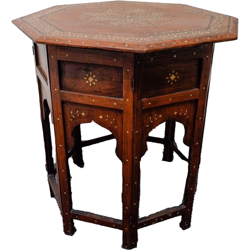 95 - AN INDIAN OCTAGONAL TABLE, EARLY 20TH CENTURY, inlaid with bone, the folding detachable base also wi... 