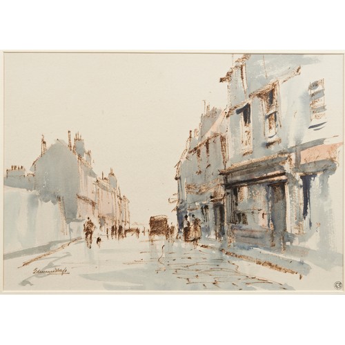 52 - EDWARD SEAGO (1910-1974)'WET AFTERNOON, YARMOUTH'Watercolour and wax crayonSigned lower left27cm x 3... 