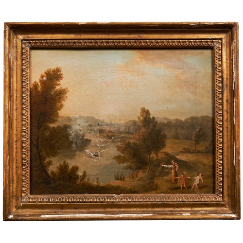 65 - ENGLISH SCHOOL (19TH CENTURY)FIGURE IN A VERDANT LANDSCAPE VIEW oil on canvas, framed, 24.5cm x 31cm... 