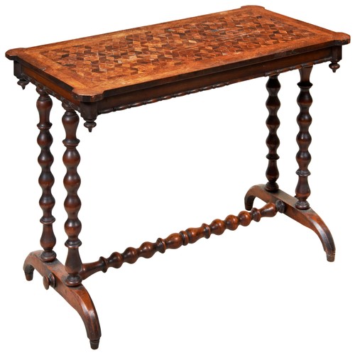 112 - VICTORIAN OAK PARQUETRY SIDE TABLECIRCA 1880the canted rectangular top with geometric veneers, raise... 