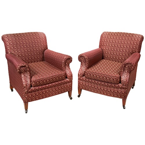 114 - PAIR OF EDWARDIAN 'HOWARD' STYLE MAHOGANY AND UPHOLSTERED ARMCHAIRSCIRCA 1910covered in foliate patt... 