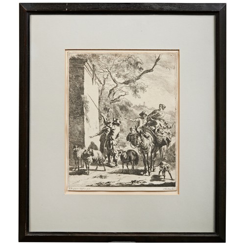 97 - AFTER T BERGHAM, 'SHEPHERDS AND TRAVELLERS BEFORE A RUIN', engraving by Johannes Visscher.27.5cm x 2... 