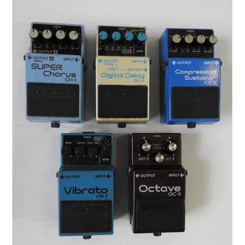 14 - A BOSS OC-2 OCTAVE PEDAL, boxed as new, a BOSS DD-2 Digital Delay pedal, unboxed, a BOSS CS-3 Compre... 