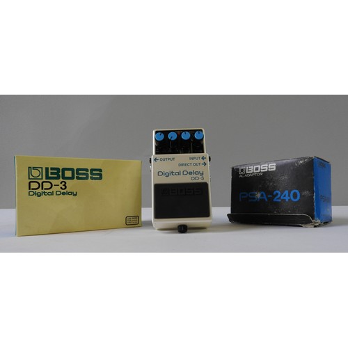 16 - A BOSS DD-3 DIGITAL DELAY PEDAL boxed, and a BOSS PSA-240 AC Power Adaptor.Digital Delay is boxed an... 